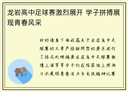 龙岩高中足球赛激烈展开 学子拼搏展现青春风采