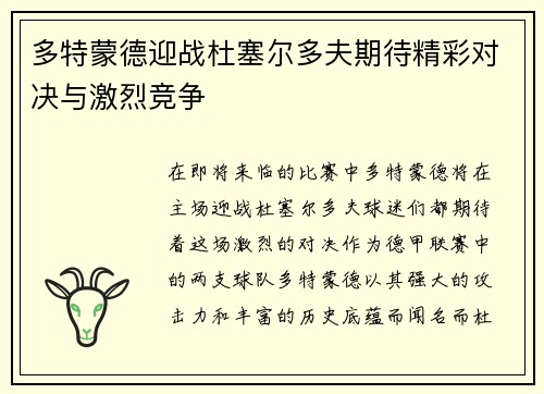 多特蒙德迎战杜塞尔多夫期待精彩对决与激烈竞争