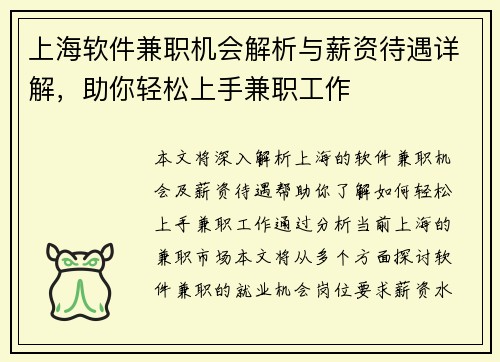 上海软件兼职机会解析与薪资待遇详解，助你轻松上手兼职工作
