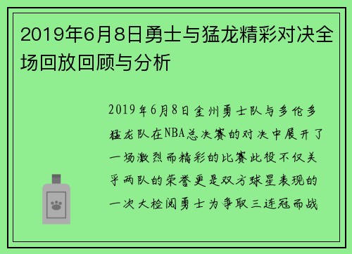2019年6月8日勇士与猛龙精彩对决全场回放回顾与分析