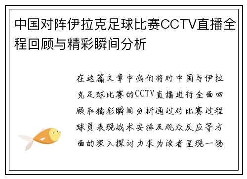 中国对阵伊拉克足球比赛CCTV直播全程回顾与精彩瞬间分析