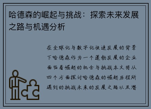 哈德森的崛起与挑战：探索未来发展之路与机遇分析